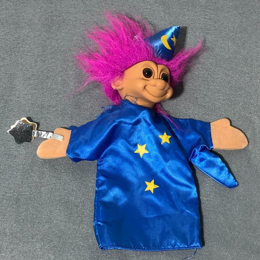 Vtg Russ Berrie Wizard Troll Hand Puppet Blue With Purple Hair 12”